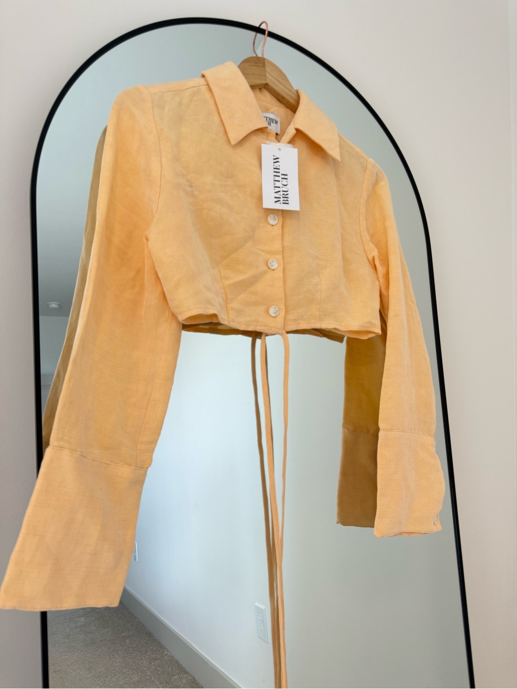 Matthew Bruch Linen Peach Crop Button-Up Shirt With Wrap Tie Detail
